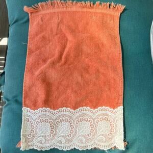 Vintage Lady Pepperell Salisbury Hotel Hand Towel Deep Pink Rust  w/ White Lace